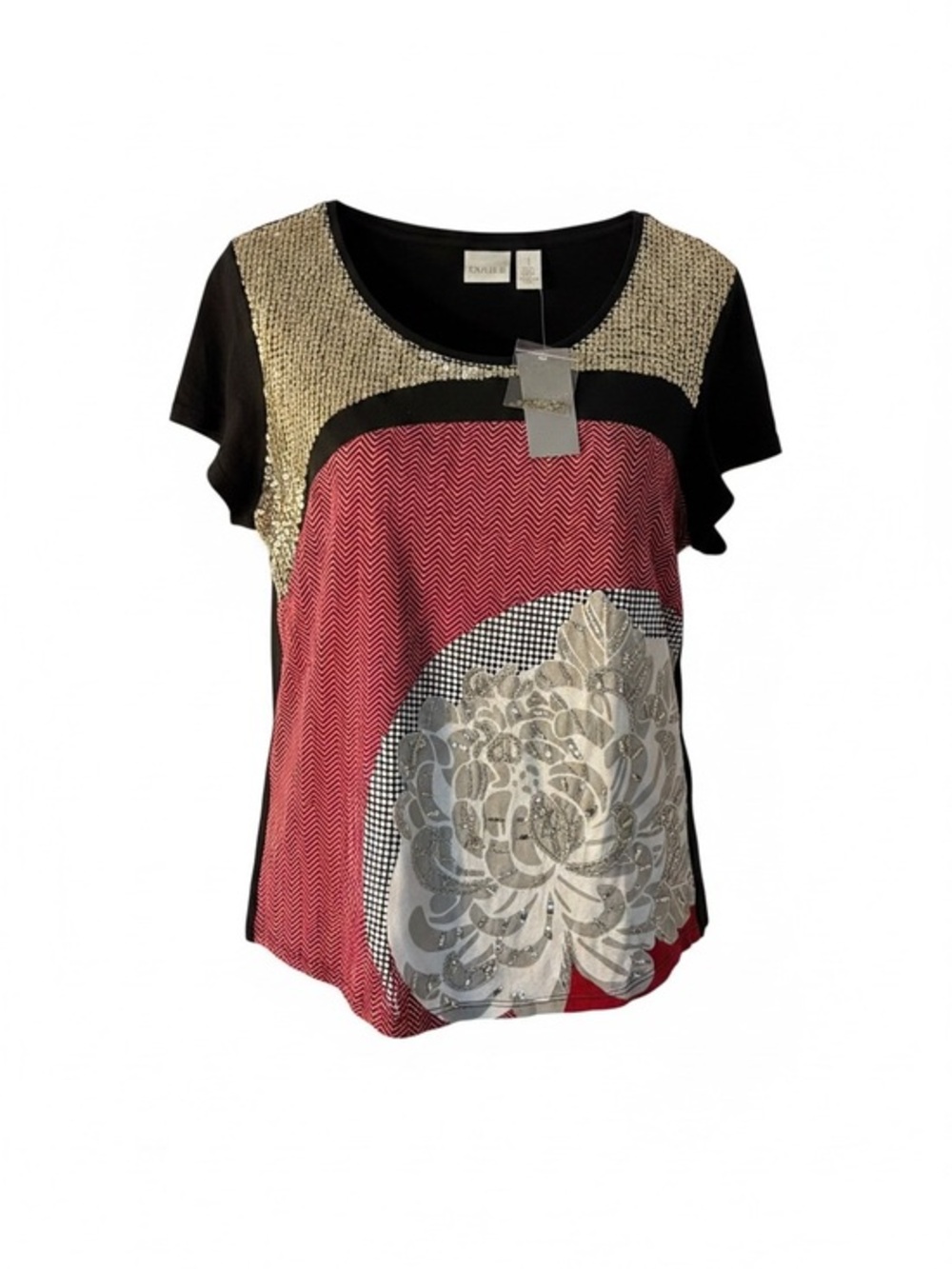 Chico's Short Sleeve Mixed-Print Top - Red, Black & Gold